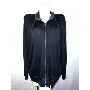 Chicos Design Womens Black Silk Cotton Full Zip Mixed Media Cardigan Sweater 1